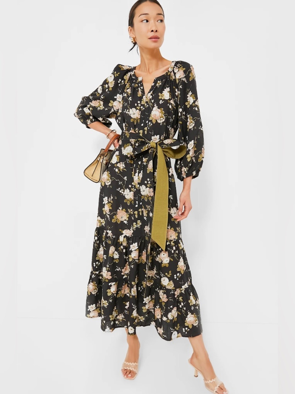 Tuckernuck Lyles Puff Sleeve Maxi Dress Midnight Garden Linen Floral XS NEW